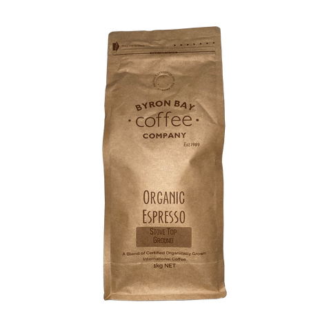 Byron Bay Coffee Company Certified Organic - MYCOTOXIN FREE - Espresso Coffee Stove Top Grinds 1kg